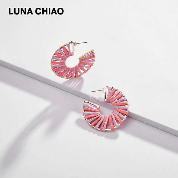 

chiao fashion jewelry summer fancy hoop earring mix color block straw raffia statement earrings for women, Golden;silver