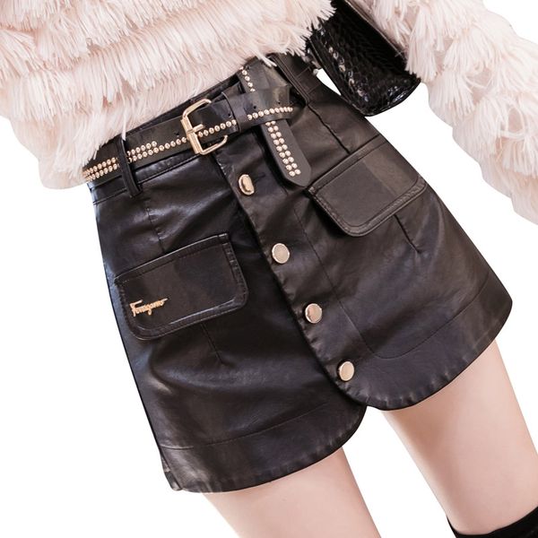 

belt shortsskirts pu leather women high waist beading skirt short female plus size girls short black skirt single breasted, White;black