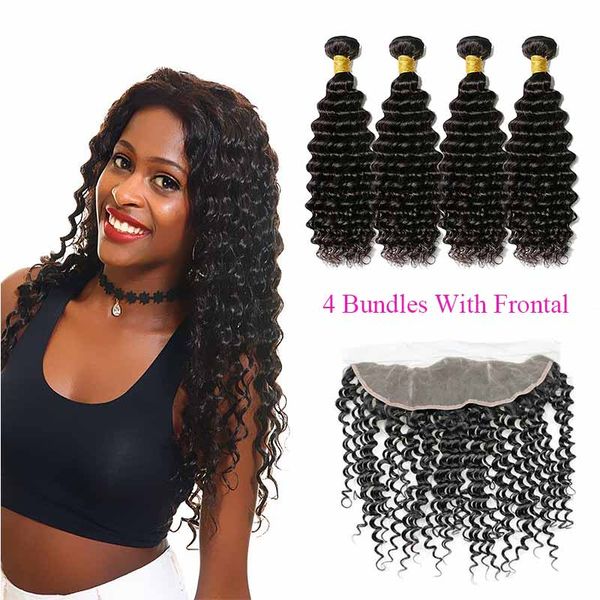 

unprocessed brazilian virgin human hair weave 4 bundles with lace frontal deep wave hair extensions frontal weaves closure nature black