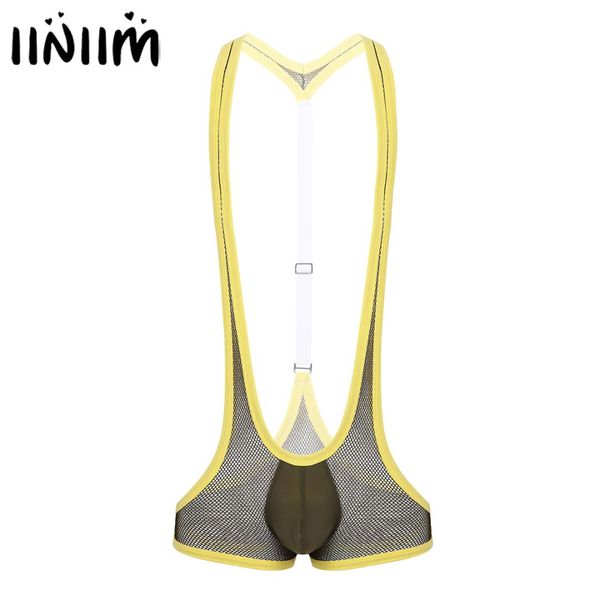 

men's g-strings iiniim mens see through sheer fishnet y-back bulge pouch jockstraps leotard underwear jumpsuits wrestling singlet bodys, Black;brown