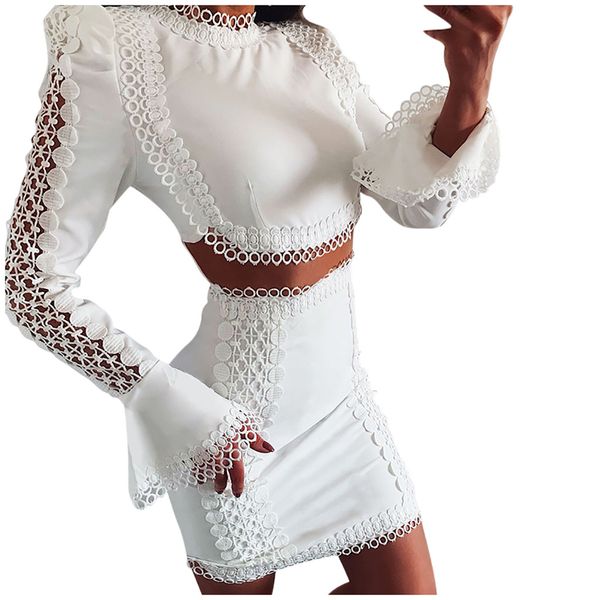 

tracksuit women clothes set women fashion solid lace flare sleeve long sleeve shirt mini skirt festival clothing #251224, White