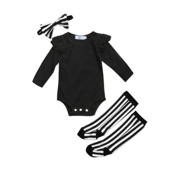 

emmababy novelty newborn toddler baby girl clothes romper striped socks headband 3pcs outfits set, White