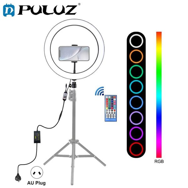 

dimmable puluz 12 inch rgb led ring vlogging selfie pgraphy video lights with cold shoe tripod ball head & phone clamp
