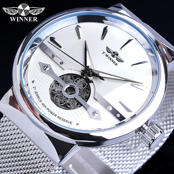 

winner automatic mens watch silver simple hollow skeleton slim mesh steel strap wristwatch self-wind mechanical waterproof clock, Slivery;brown