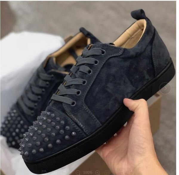 

designer sneakers red bottom spikes flat velours suede sneakers iron grey men trainers 100% real leather party shoes us 5-12 mn0, Black