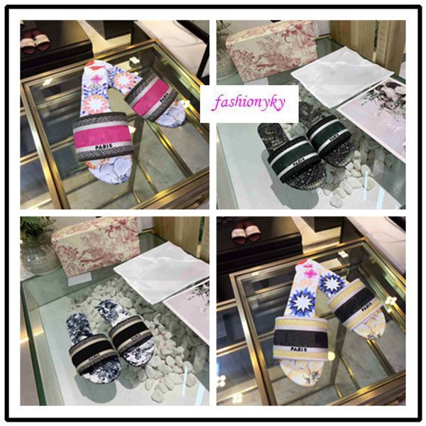 

with boxdazzle flowers women slippers sandals flat designer shoes slide dazzle flowers embroidery sandal floral striped beach slipper, Black