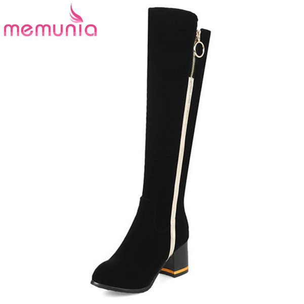 

memunia 2018 new arrival flock knee high boots for women round toe autumn winter boots mixed colors high heels shoes woman, Black