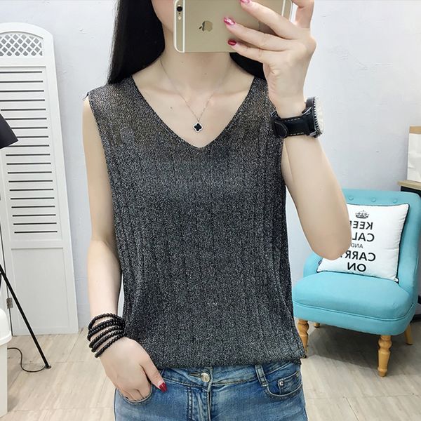 

tank vests women v-neck solid fashion female sleeveless casual thin summer knit hollow out shirt gilet femme 2020, White