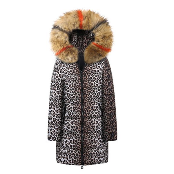 

womens designer long down coat fashion leopard pattern thick jackets casual printing womens winter fur collar hooded clothes 7 colors new, Black