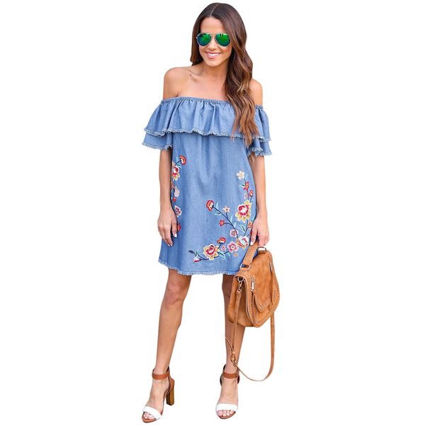 

женское дизайнерское платье лето имитация джинсовой юбки плечо вышитое гофрированное платье, Black;gray