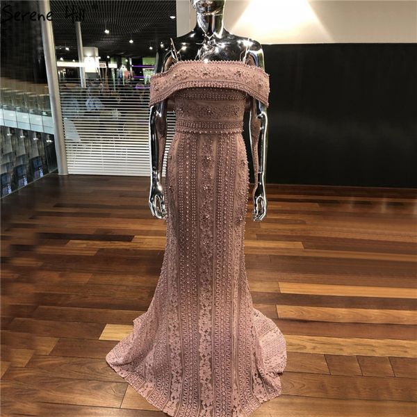 

pink lace mermaid pearls elegant evening dresses long 2019 off shoulder evening gowns serene hill la6013, White;black