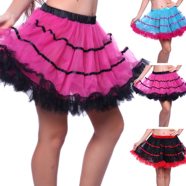 Mulheres Contraste Ruffle Tulle Skirt Sexy Clube Stage Dance Show Mini saia tutu listrado malha Plisse plissadas Petticoat Escola Rainha Party Girl