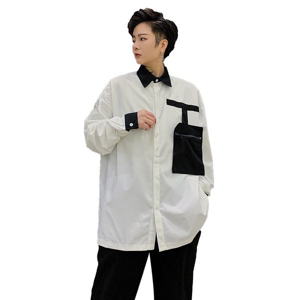 

men black pocket splice long sleeve casual shirt male streetstyle fashion vintage loose shirts, White;black