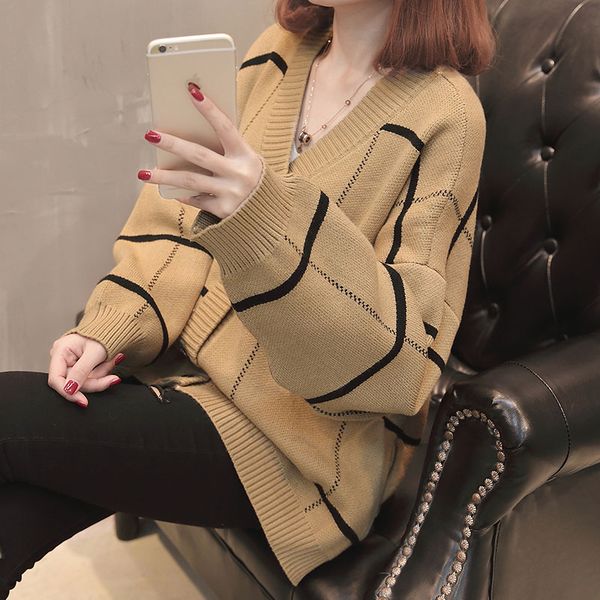 

cardigan feminino 2019 autumn new v-neck plaid loose sweater women long sleeve jumper oversize knitted cardigans yellow, White