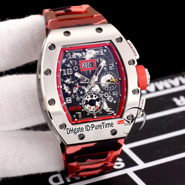 

rm011 flyback chrono miyota automaitc mens watch steel case red inner black skeleton dial big date camouflage red black rubber puretime e5, Slivery;brown
