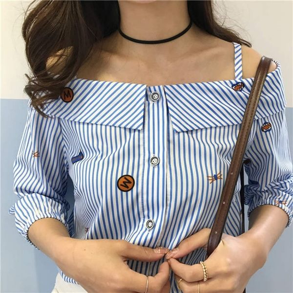 

women blouse woman autumn fashion new blouse word spread word long sleeved shirt striped print embroidered slash neck blouse, White
