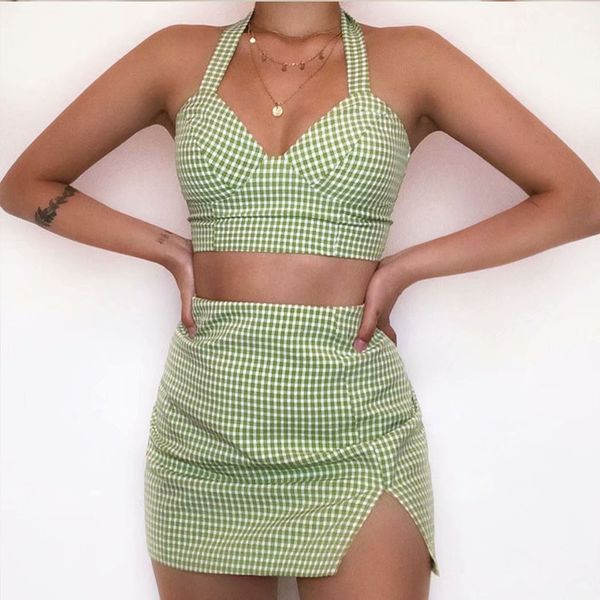 

casual dresses see 2021 summer cotton plaid dress women 2 pcs set halter neck mini female vestidos gingham, Black;gray