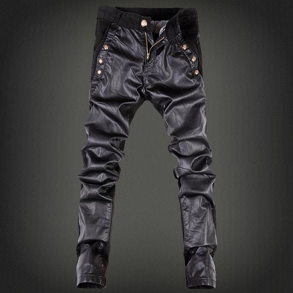 

streetwear jean men pants brand motorbike skinny jeans men pu leather patchwork black stretch jeans 2020, Blue