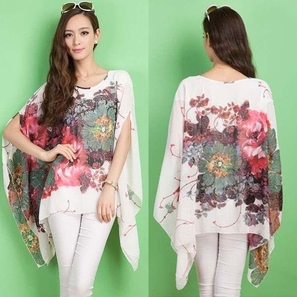

женская мода lady сыпучие шифон цветочные печати кафтан пончо блуза tops, White