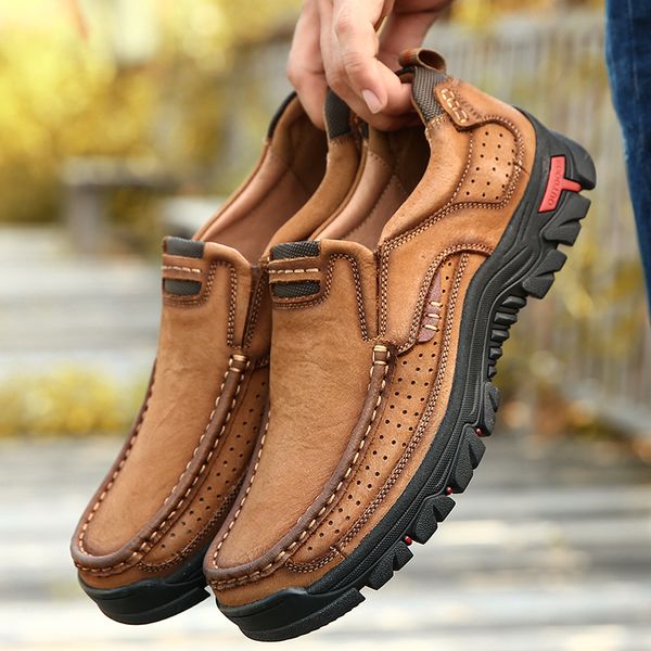 

2019 men comfortable non-slip hiking shoes first layer cowhide leather sneakers men breathable hiking boots big size 38-50