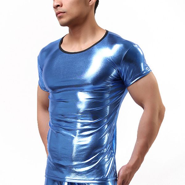 

summer men running t shirt faux leather tight sport t-shirt short sleeve muscle gym fitness bodybuilding mens tee tshirt, Black;blue