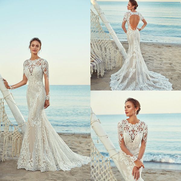 

2019 mermaid wedding dresses jewel neck lace appliques sweep train backless country bridal gowns custom made beach wedding dress boho, White