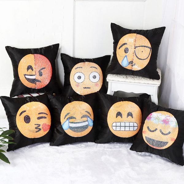 Sequins Emoji Pillow Case Cartoon Face Black Bed Pillow Cover Soft