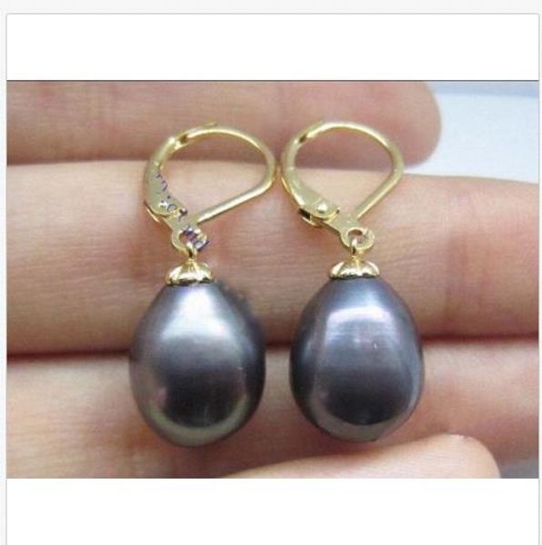 

beautiful 11-13mm south sea black drop pearl 14k gold earrings, Golden;silver