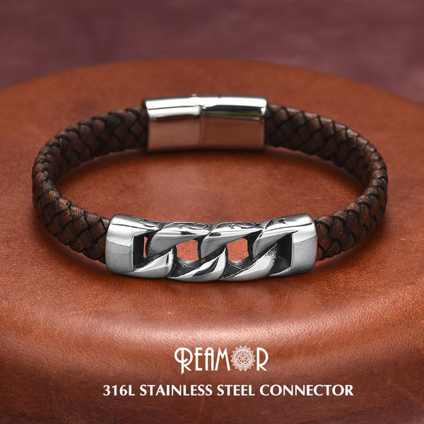 

reamor trendy men jewelry stainless steel connector braided leather magnetic buckle bracelets punk men wristband pulsera hombre, Golden;silver