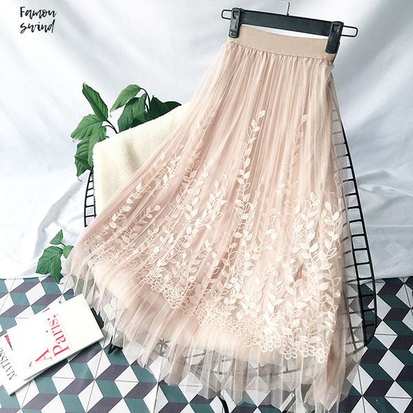 

женщины юбка вышивка цветочные линии пачка кружева сетки женщин элегантный тюль длинные плиссированные юбки лето горячая распродажа, Black