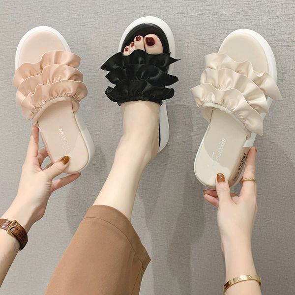 

slippers women summer shoes woman 2020 slides med platform pantofle flat sneaker new cotton fabric fashion pu, Black