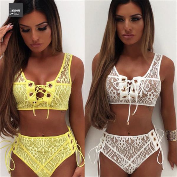 

color bikinis women lace up bandage bra high waist bikini set female swimsuit triangle swimwear solid bathing suit, White;black