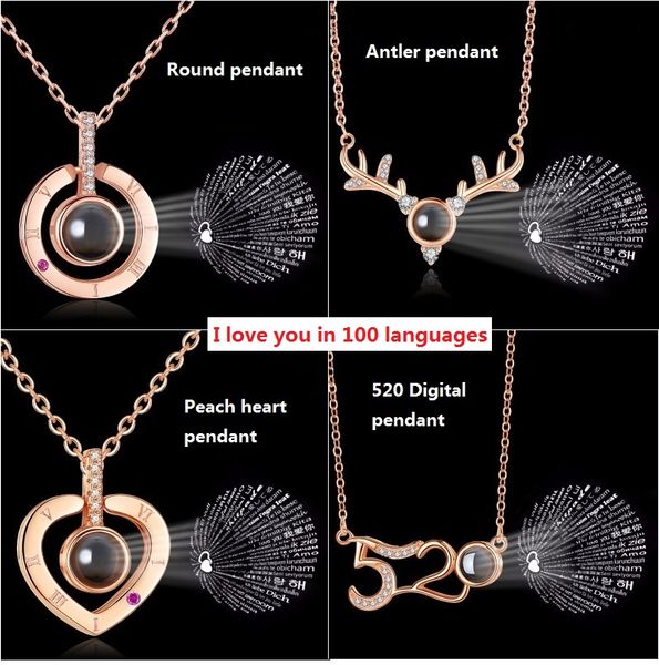 

2 pcs 2019 new 100 languages necklace i love you projection pendant choker necklaces roman numerals crystal pendant chain jewelry party