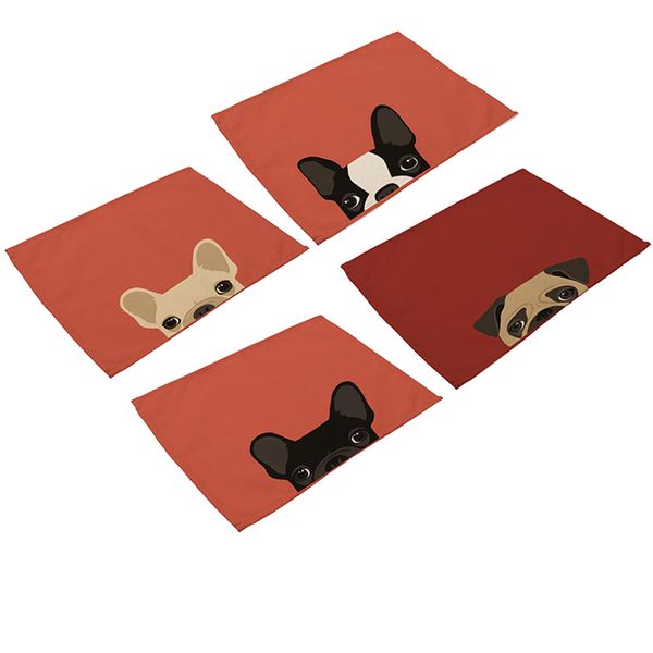 

4шт хлопчатобумажные льняные салфетки милые кошки и собаки печати хлопчатобумажные настольные коврики
