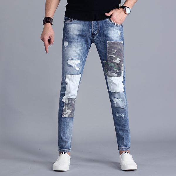 

summer ripped patch jeans men streetwear blue thin jean patchwork stretch denim pants 2020 fashion slim fit distressed trousers