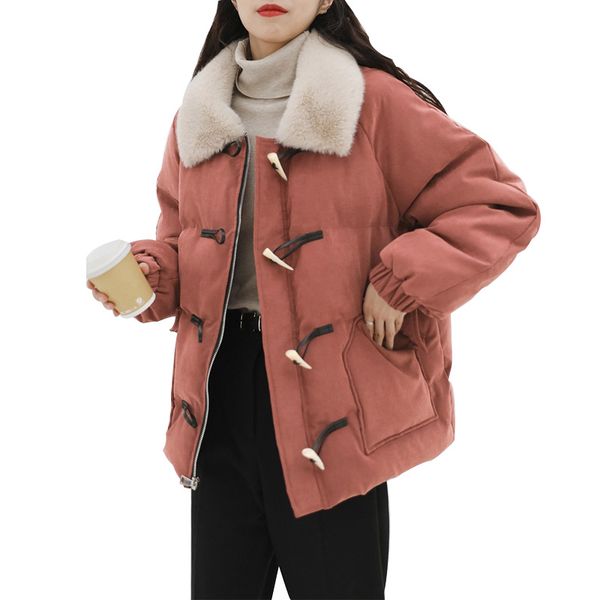 

2020 winter parkas women cashmere lapel coat fashion horn button thicken warm coat down cotton jacket women outerwear oversize, Black