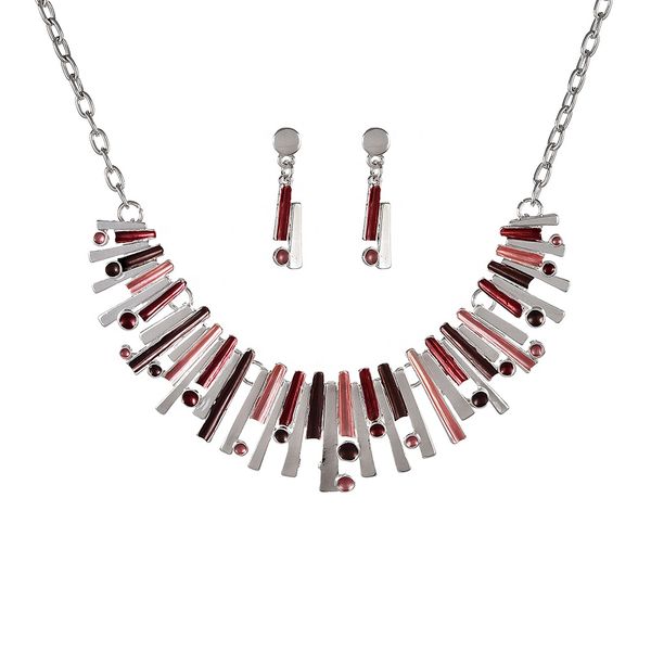 

jewelry set fashion geometric jewelry sets nickel jewelry enamel alloy stripe zircon dangle earrings necklace set, Silver