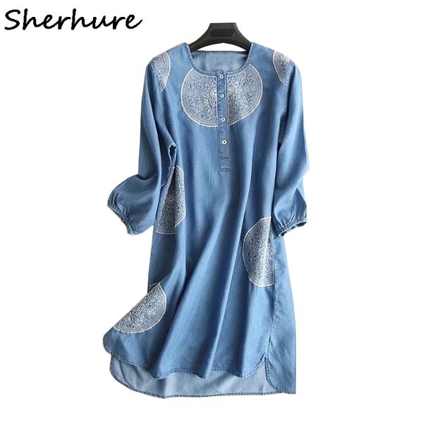 

2018 fashion embroidery half sleeve women cotton denim bouses vintage women long blouses vestidos shirts blusas mujer, White