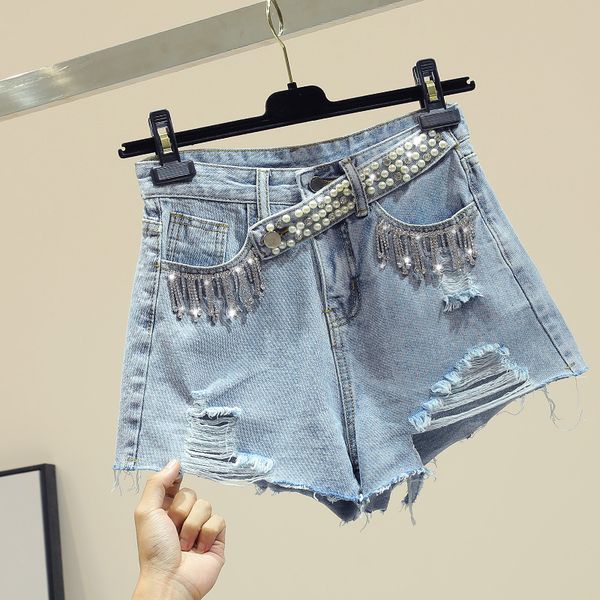 

2019 summer new women's beaded jeans shorts female high street holes ripped loose denim shorrts for girls, Blue
