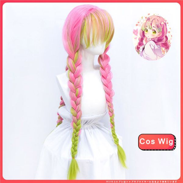 

difei demon slayer kanroji mitsuri long braid cosplay wigs with bangs light green pink anime synthetic wigs easy matching wig, Black
