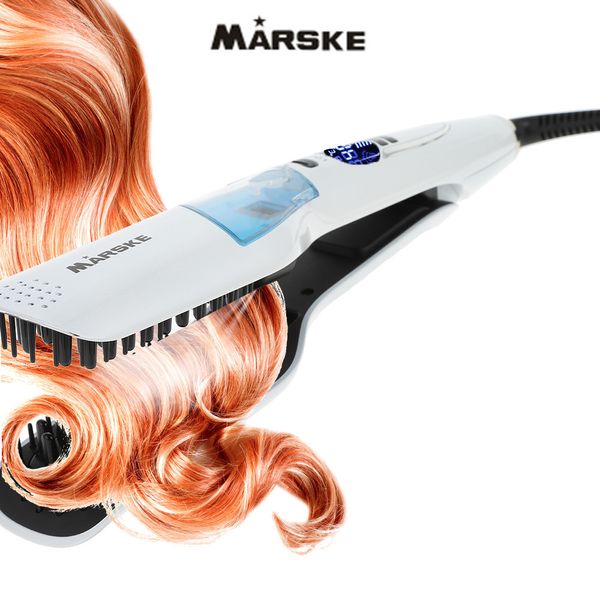 

marske 110-240v steam function vapor professional hair straightener straightening irons tourmaline ceramic brush comb hairbrush, Black