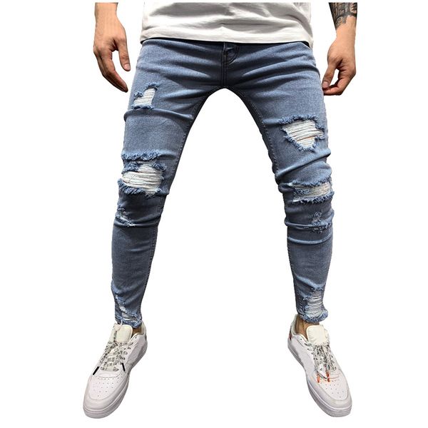 

men trousers jeans pants pure color hole denim vintage wash hip hop work trousers jeans pants, Blue