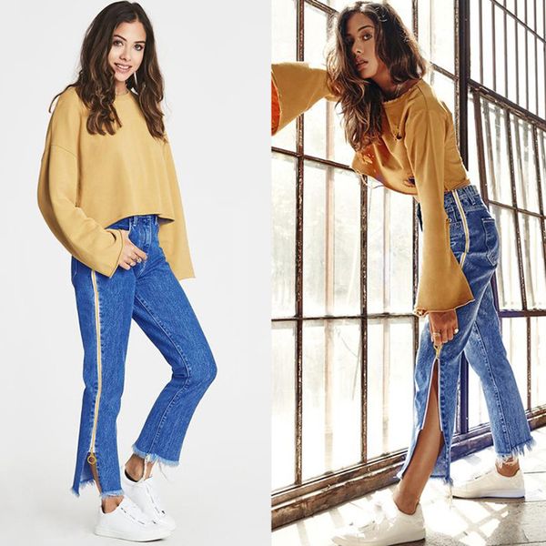 

high waist denim long jeans women flare pants unique double side zipper split bell bottom teenage girl chic streetwear plus size, Blue