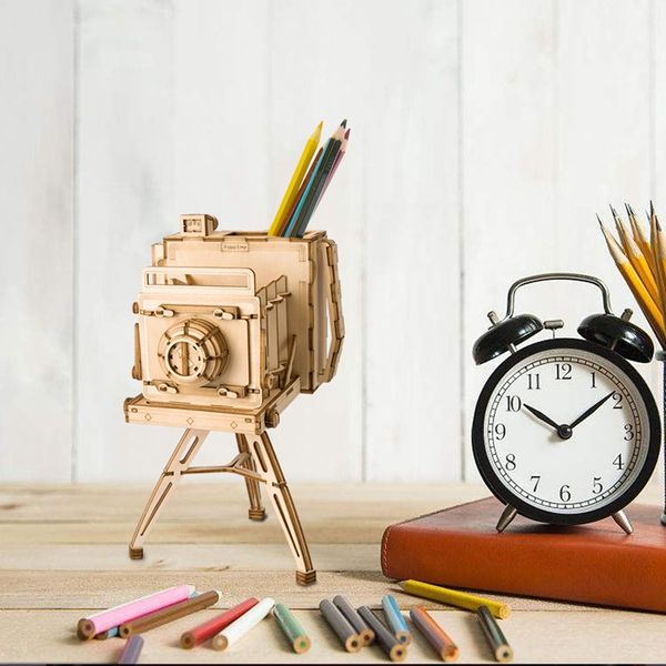 

wholesale diy 3d wooden vintage camera puzzle game penholder&gift for children kid friend model building kits popular toy tg403