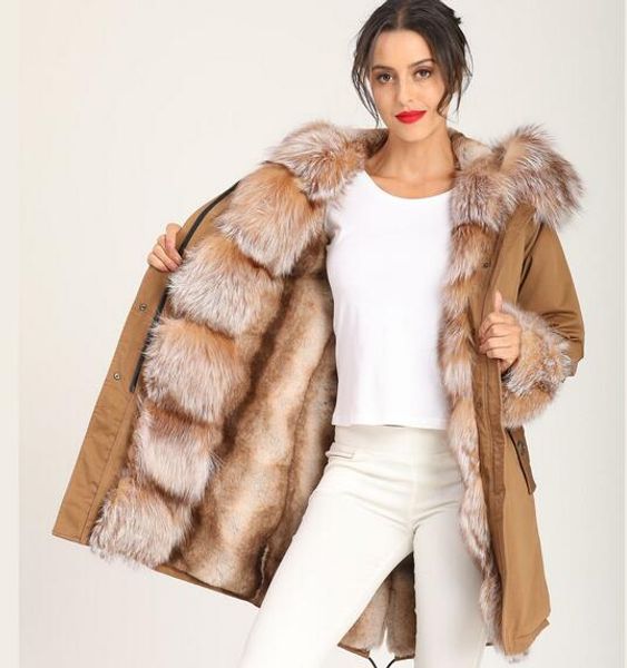 

dhl brown fox threshold raccoon fur trim mukla furs brand women jacket khaki white vertical bar rabbit fur lining khaki long parkas cuff fur, Black
