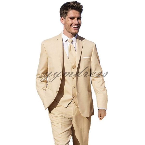 Smoking da uomo beige da matrimonio 2019 Abiti slim fit con risvolto dentellato per uomo Completo da uomo formale a due bottoni Abiti da sposo (giacca + pantaloni + cravatta + gilet)