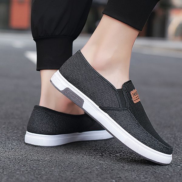 

breathable casual shoes denim canvas mens summer fitness shoes men loafers casual sneaker flat driving mesh sneakers, Black