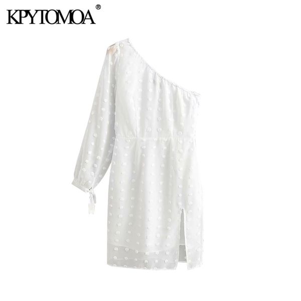 

урожай sexy одно плечо dot шифон мини платье женщины 2020 моды с длинным рукавом side zipper front щелевая женский платья vestidos, Black;gray