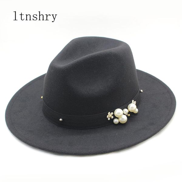 

2020 new brand women's pearls fedora black hat for noble woolen wide brim jazz cap vintage panama sun hat, Blue;gray