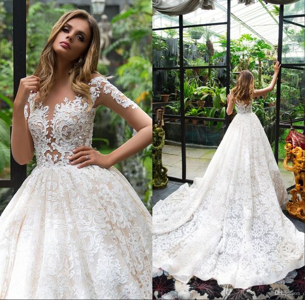 

spring 2019 dubai wedding dresses lace appliques illusion bodice sweep train bridal gowns vestidos de novia ba9214, White